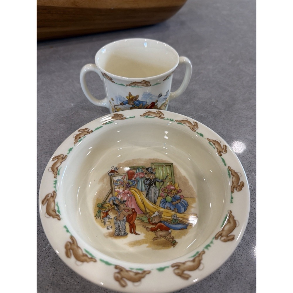Bunnykins Royal Doulton Bone China Ltd 1936 Cup Mug Double Handle and Bowl Baby